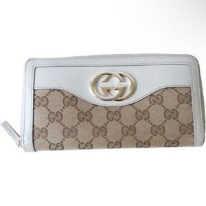 AUTHENTIC GUCCI LONG ZIP WHITE LEATHER/BROWN MONOGRAM CANVAS WALLET